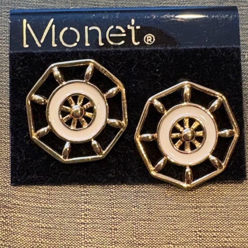 Monet pierced earrings-Gold tone and paint ivory enamel